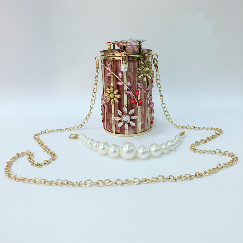 Crystal Flowers Cute Round Pearl Hollow Out Luxury Designer Metallic Bags - Image 2