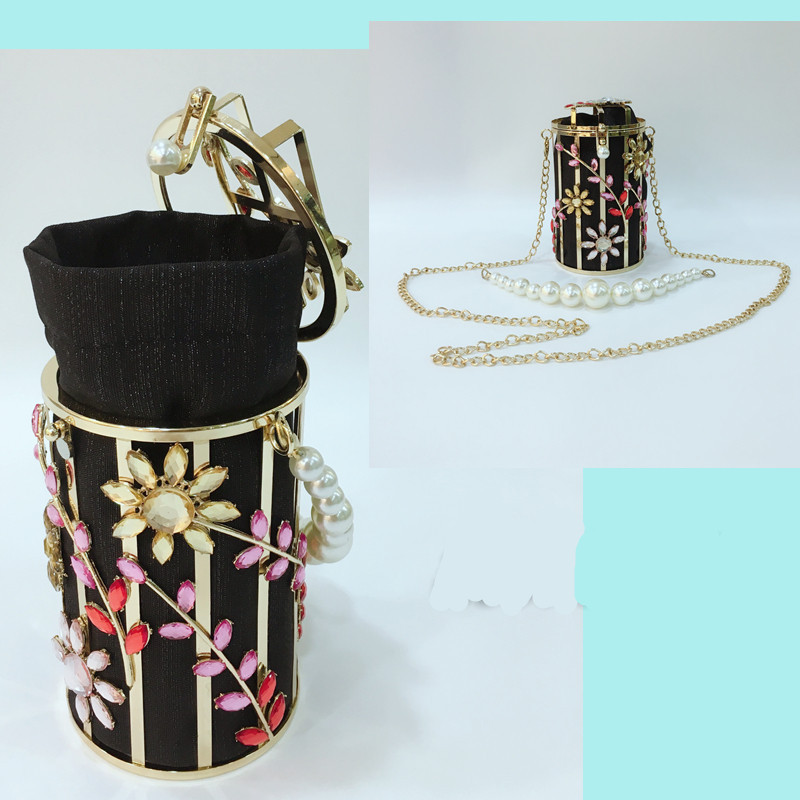 Crystal Flowers Cute Round Pearl Hollow Out Luxury Designer Metallic Bags - Image 3