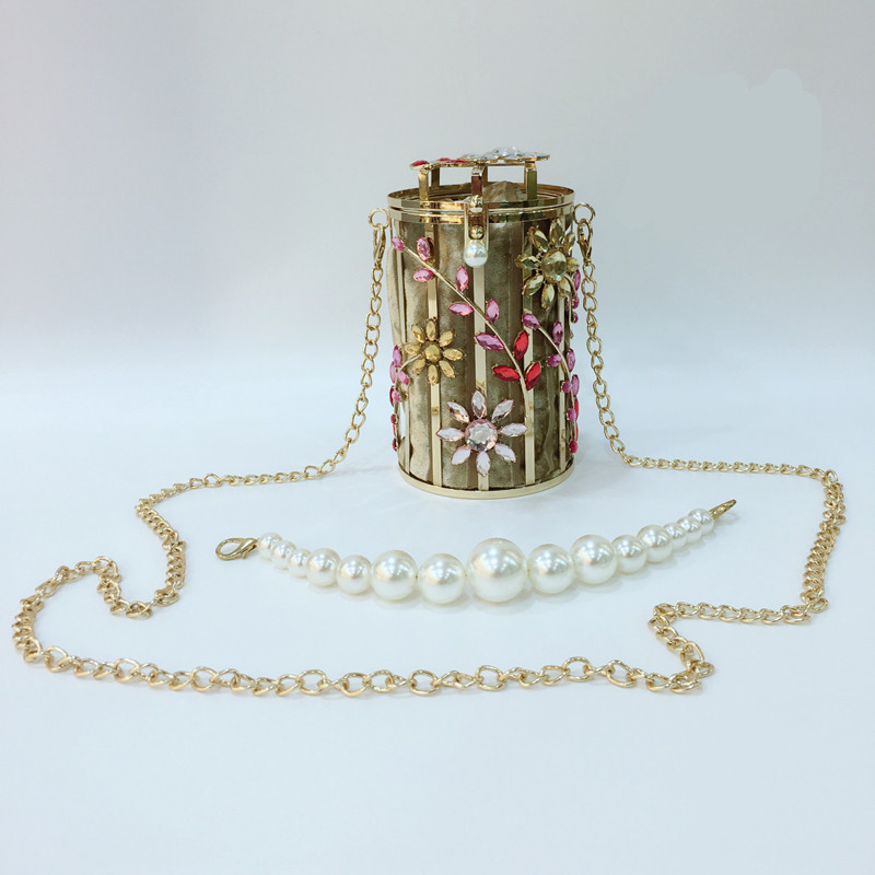 Crystal Flowers Cute Round Pearl Hollow Out Luxury Designer Metallic Bags - Image 5