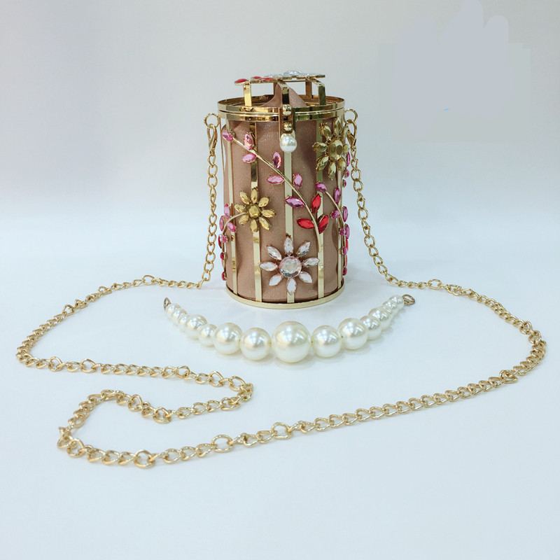 Crystal Flowers Cute Round Pearl Hollow Out Luxury Designer Metallic Bags - Image 4