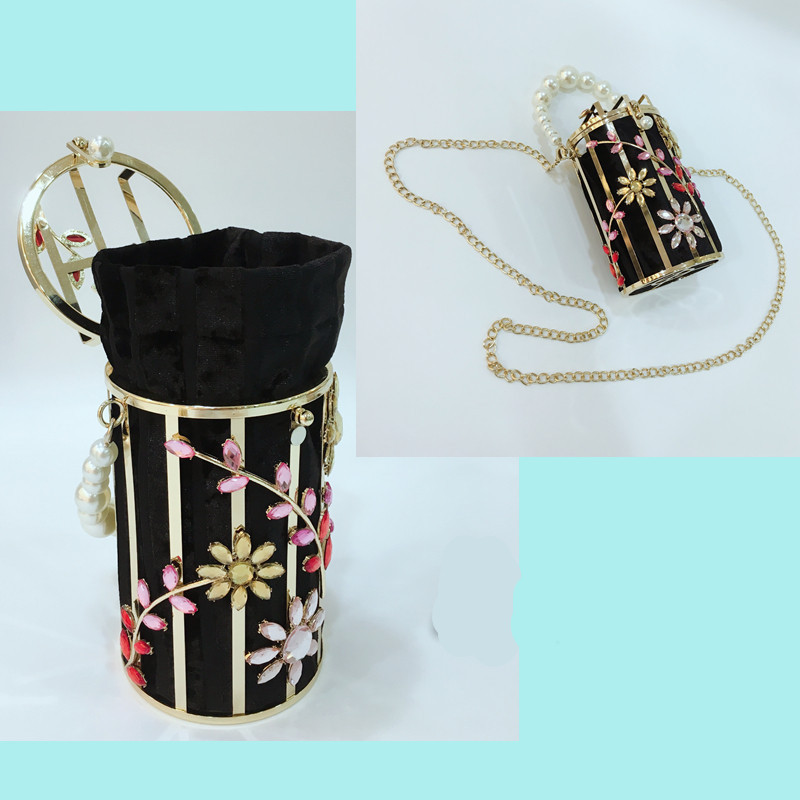 Crystal Flowers Cute Round Pearl Hollow Out Luxury Designer Metallic Bags - Image 6