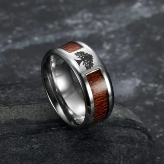 Asgard Crafted Handcrafted Stainless Steel Celtic Tree Of Life And Wood Inset Wedding Ring