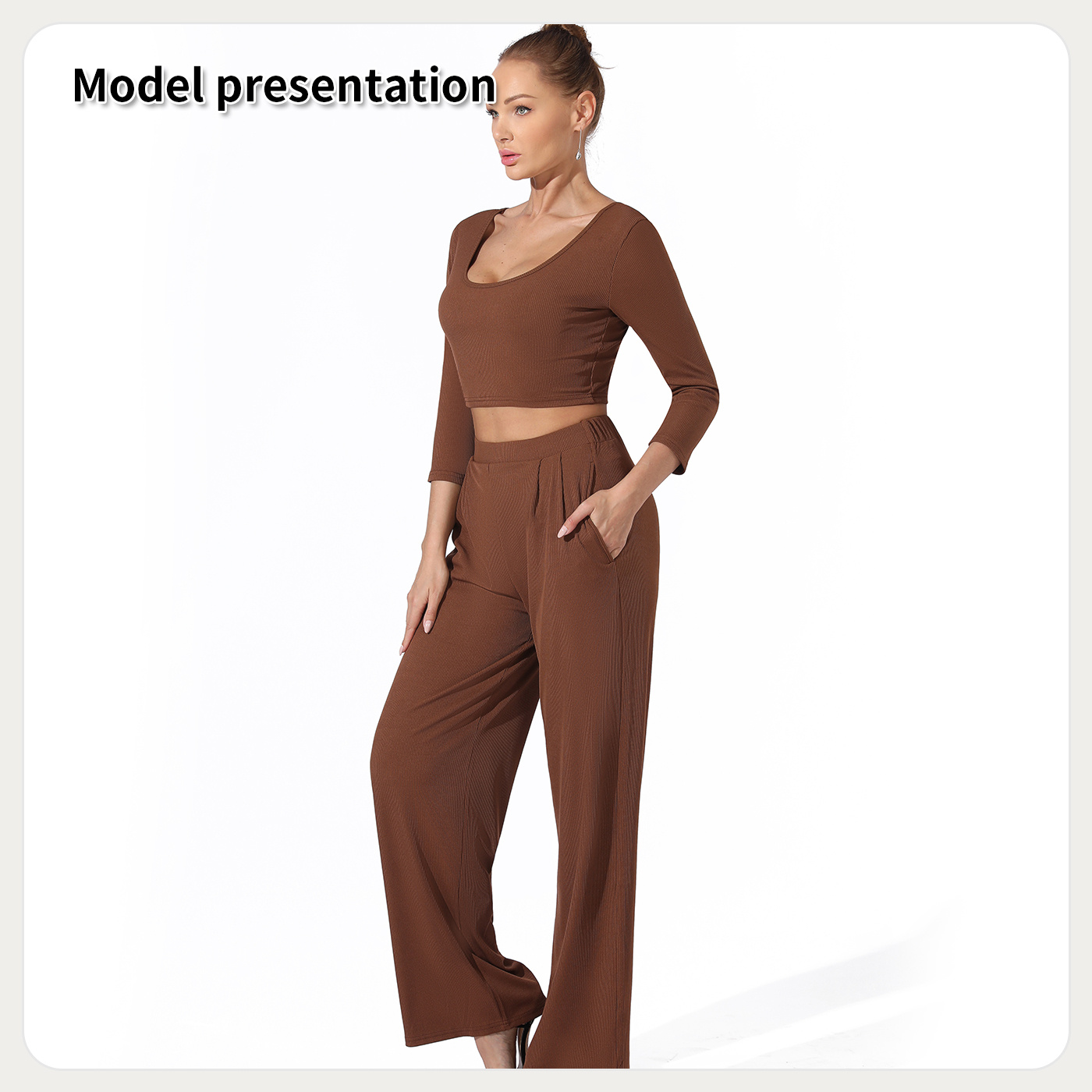 Women's Fashion Simple Solid Color Top Pants Set - Image 6