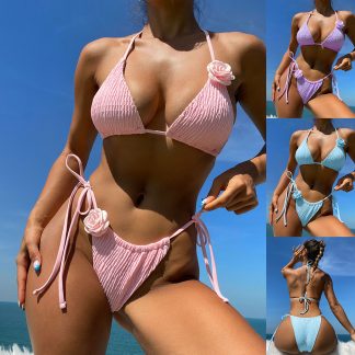 3D Flowers Bikini Set Beach Summer Sexy Solid Color Side Tie Thong Swimsuit